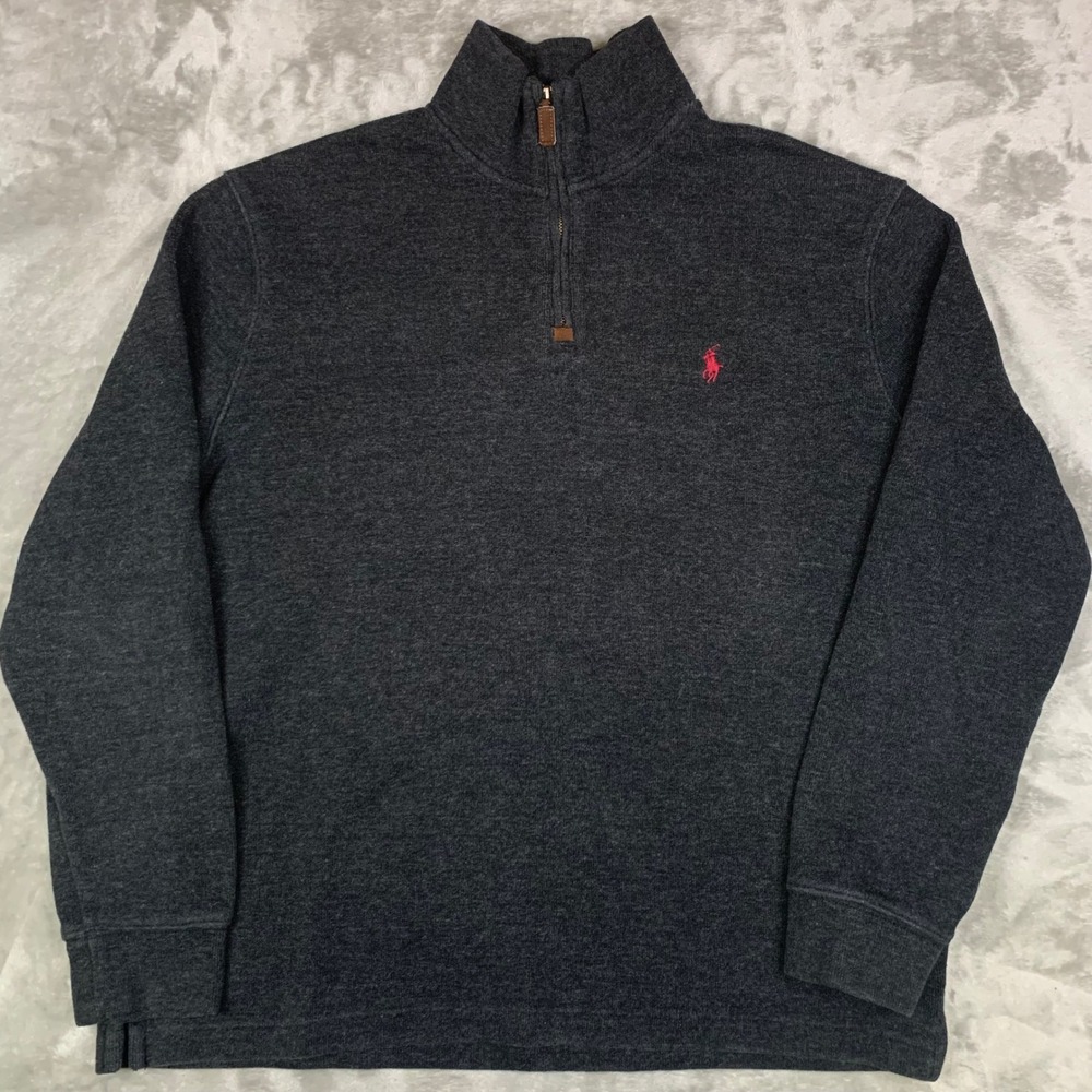 Polo Ralph Lauren Mens Large Quarter Zip Pullover Charcoal Grey 100% Cotton